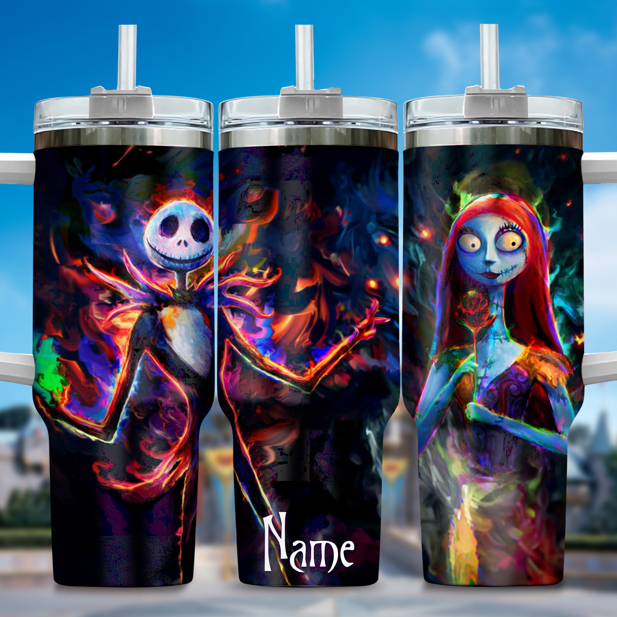 Jack and Sally Movies Custom Stanley Quencher 40oz Stainless Steel Tumbler With Handle