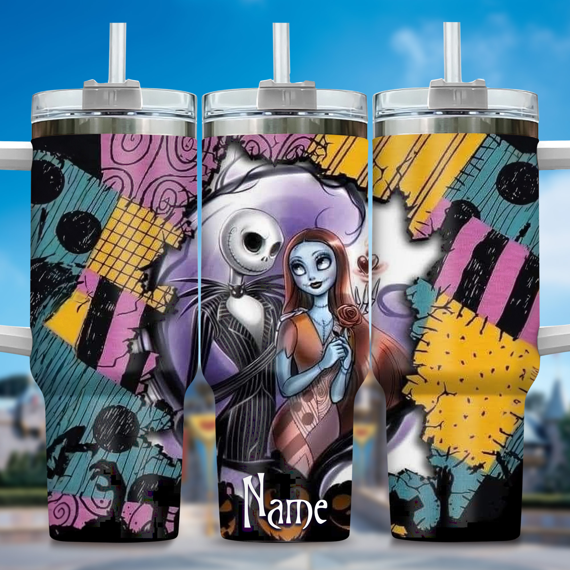 Jack and Sally Movies Custom Stanley Quencher 40oz Stainless Steel Tumbler With Handle