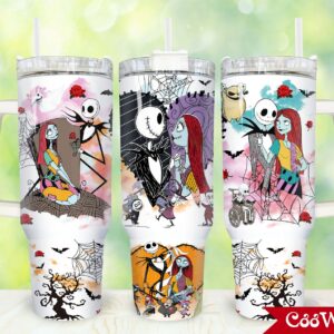 Jack And Sally The Nightmare Before Christmas Cartoon Custom Stanley Quencher 40oz Stainless Steel Tumbler With Handle