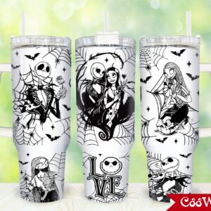 Jack And Sally The Nightmare Before Christmas Cartoon Custom Stanley Quencher 40oz Stainless Steel Tumbler With Handle