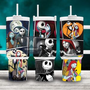 Jack and Sally The Nightmare Before Christmas Cartoon Custom Stanley Quencher 40oz Stainless Steel Tumbler With Handle