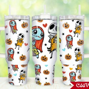 Jack And Sally The Nightmare Before Christmas Cartoon Custom Stanley Quencher 40oz Stainless Steel Tumbler With Handle