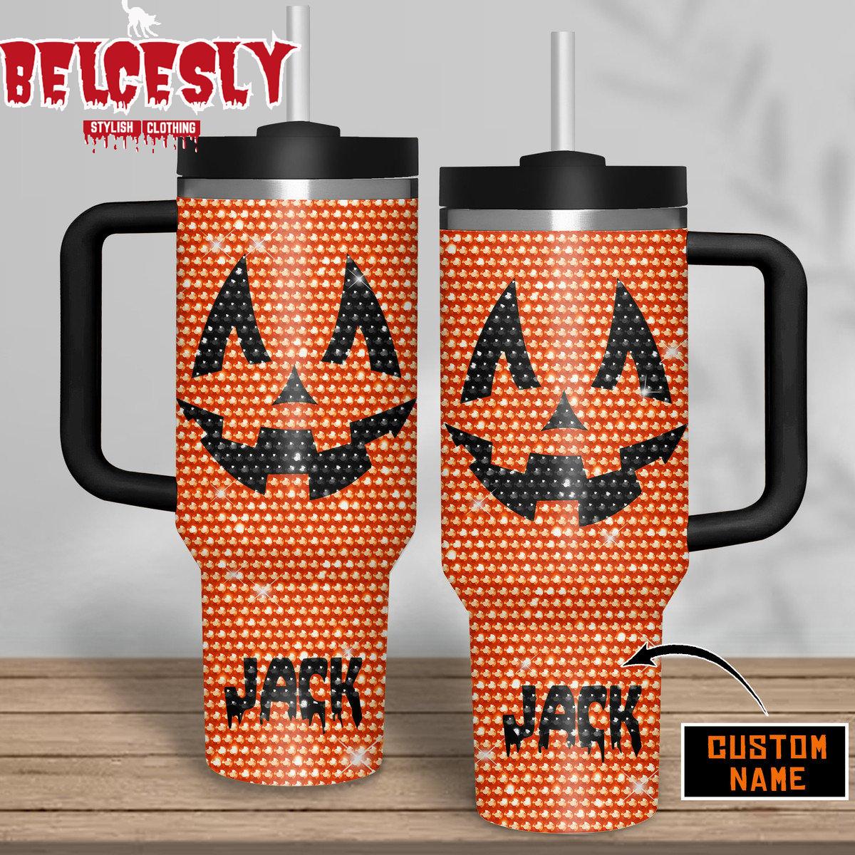 Jack O' Lantern Halloween Rhinestone Custom Stanley Quencher 40oz Stainless Steel Tumbler With Handle