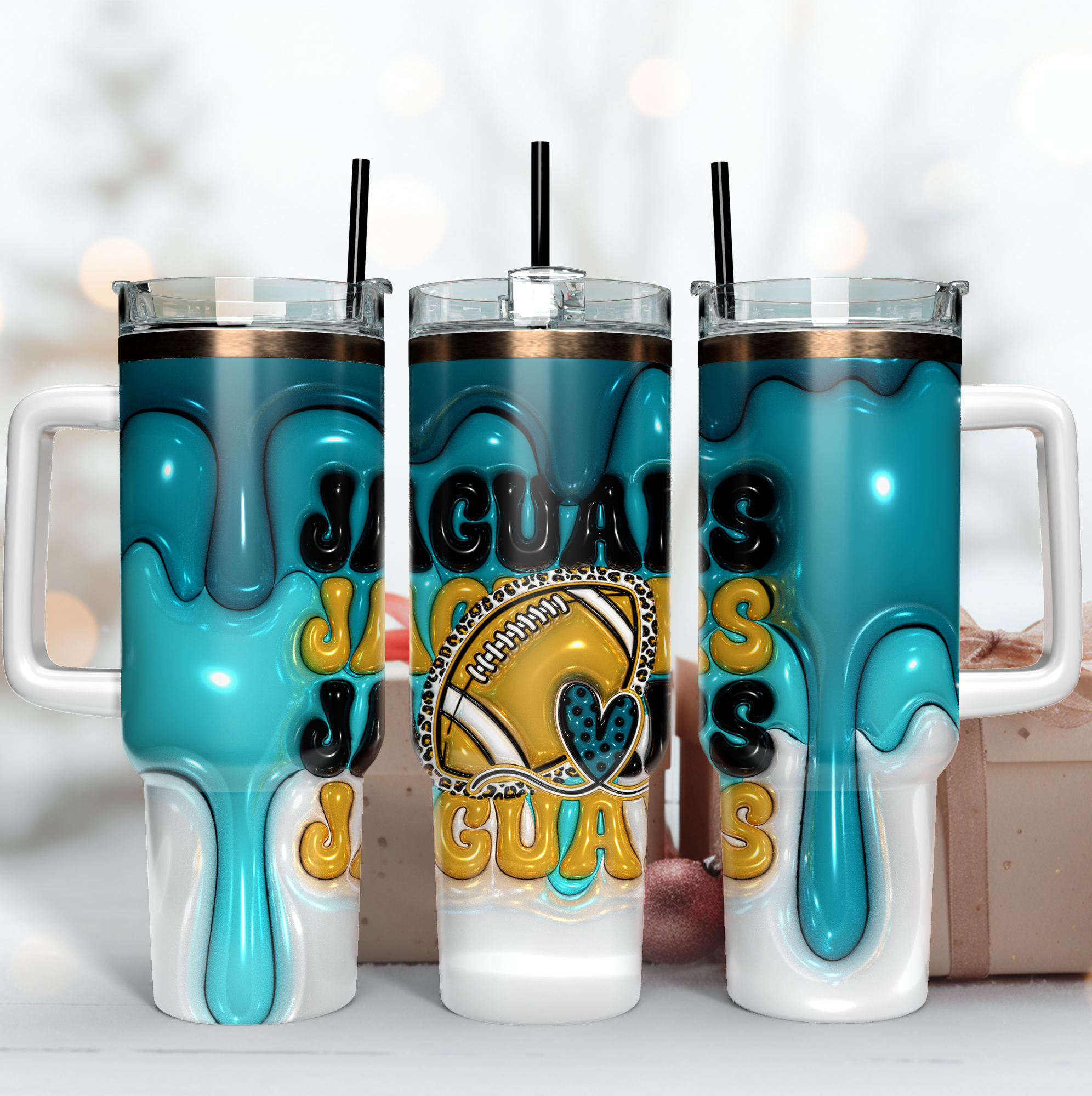 Jacksonville Jaguars NFL 3D Inflated Puff Effect Custom Stanley Quencher 40oz Stainless Steel Tumbler With Handle