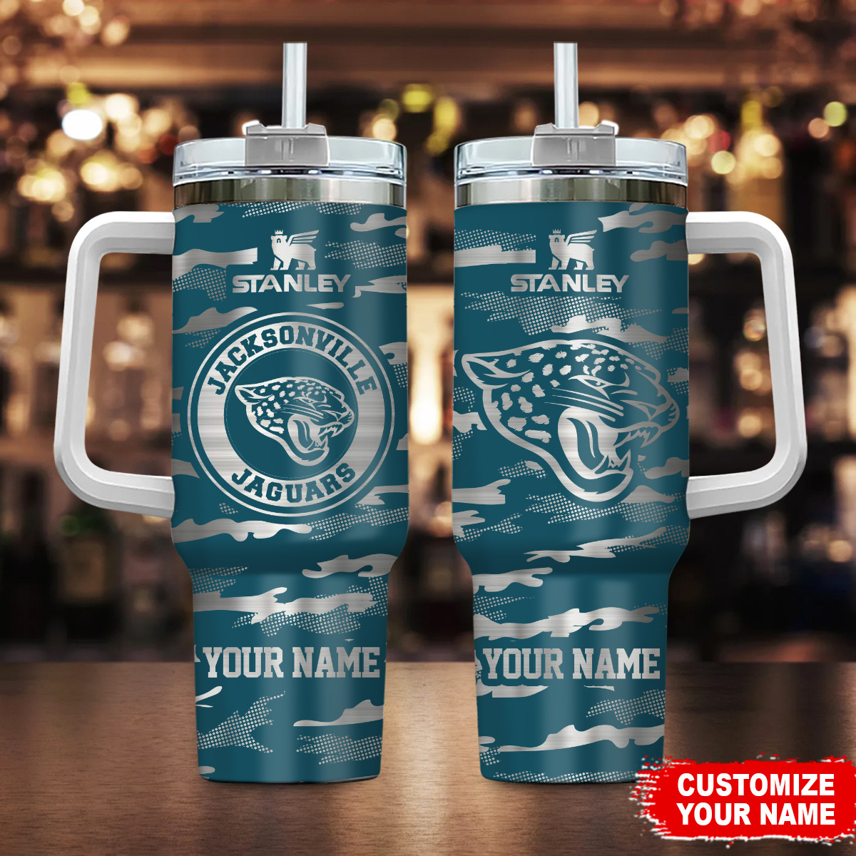 Jacksonville Jaguars NFL Camo Pattern Custom Stanley Quencher 40oz Stainless Steel Tumbler With Handle