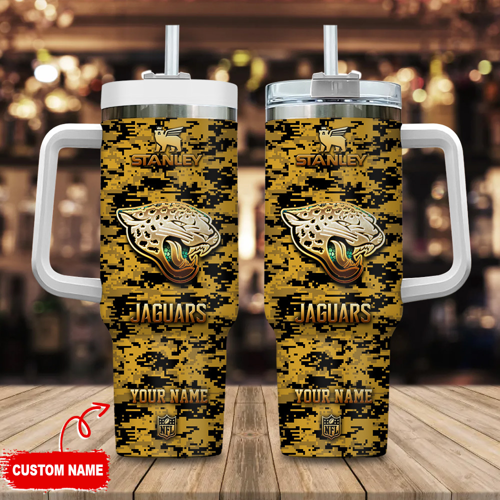 Jacksonville Jaguars NFL Camouflage Golden Logo Custom Stanley Quencher 40oz Stainless Steel Tumbler With Handle