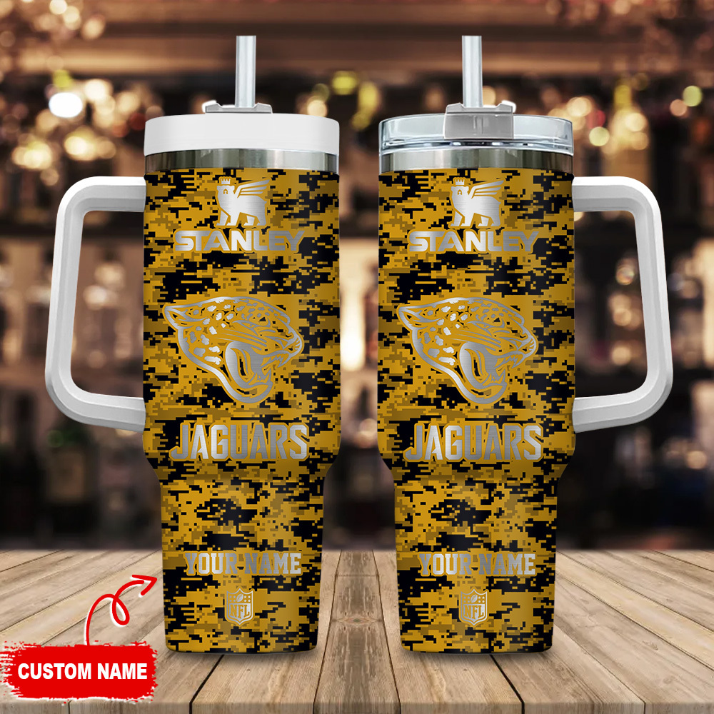 Jacksonville Jaguars NFL Camouflage Silver Logo Custom Stanley Quencher 40oz Stainless Steel Tumbler With Handle