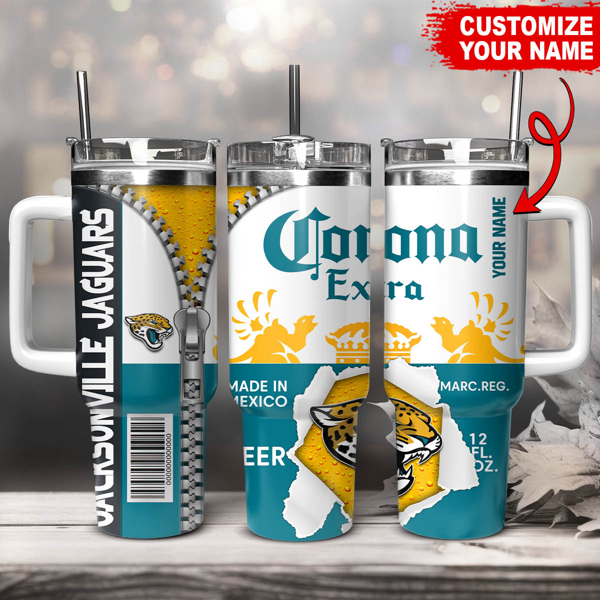 Jacksonville Jaguars NFL Corona Extra Custom Stanley Quencher 40oz Stainless Steel Tumbler With Handle