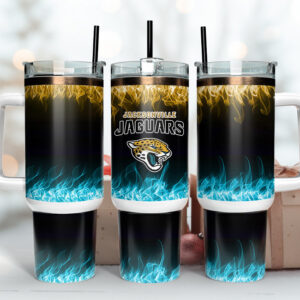 Jacksonville Jaguars NFL Fire Effect Custom Stanley Quencher 40oz Stainless Steel Tumbler With Handle