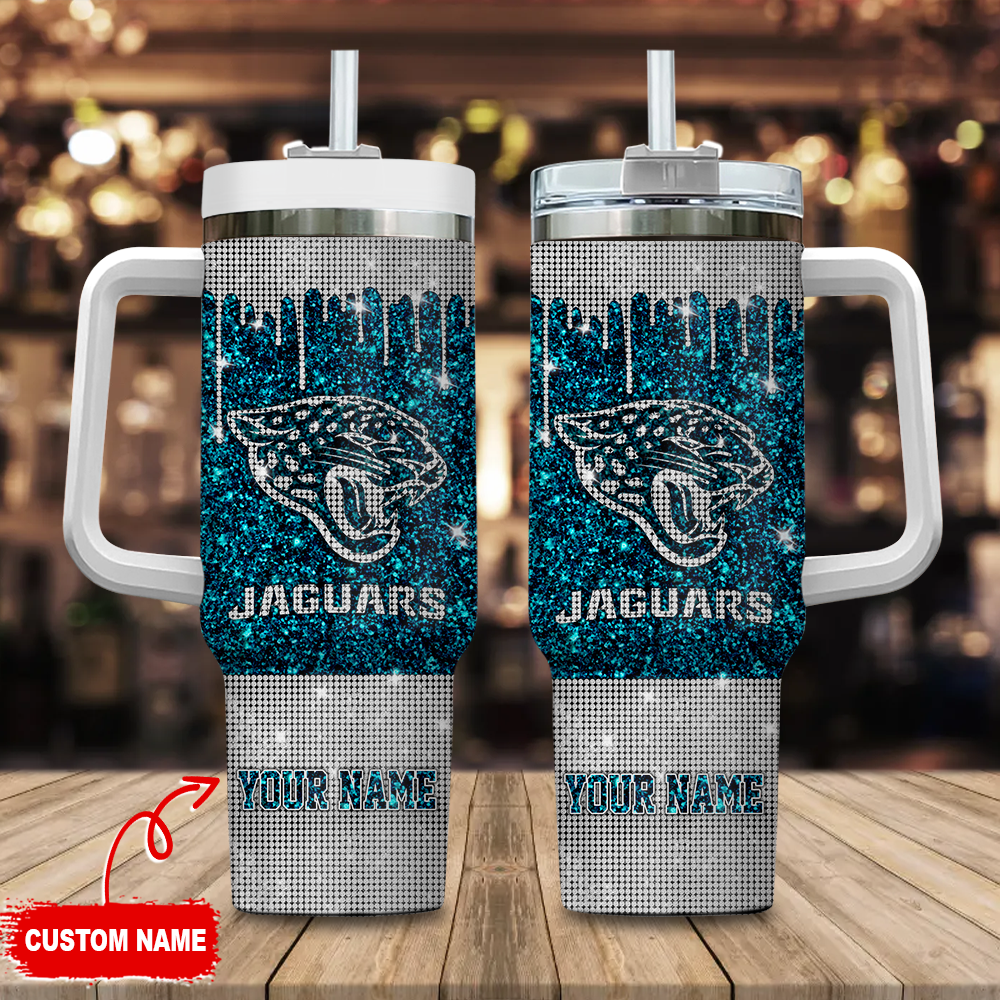 Jacksonville Jaguars NFL Glitter Custom Stanley Quencher 40oz Stainless Steel Tumbler With Handle