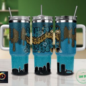 Jacksonville Jaguars NFL Glitter Custom Stanley Quencher 40oz Stainless Steel Tumbler With Handle