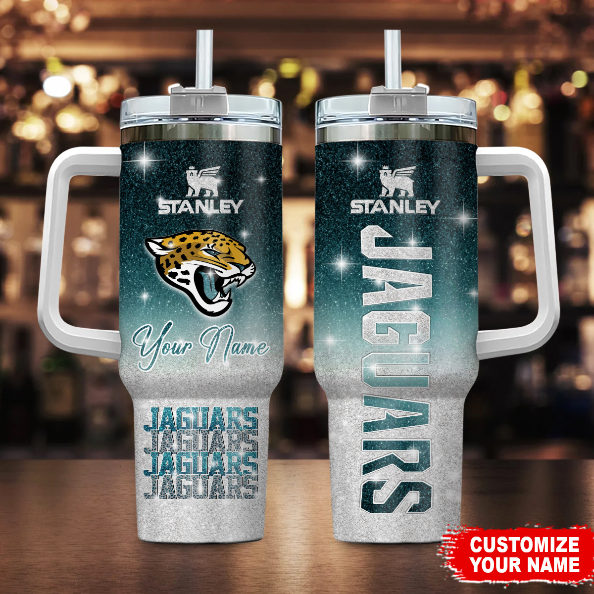 Jacksonville Jaguars NFL Glitter Custom Stanley Quencher 40oz Stainless Steel Tumbler With Handle