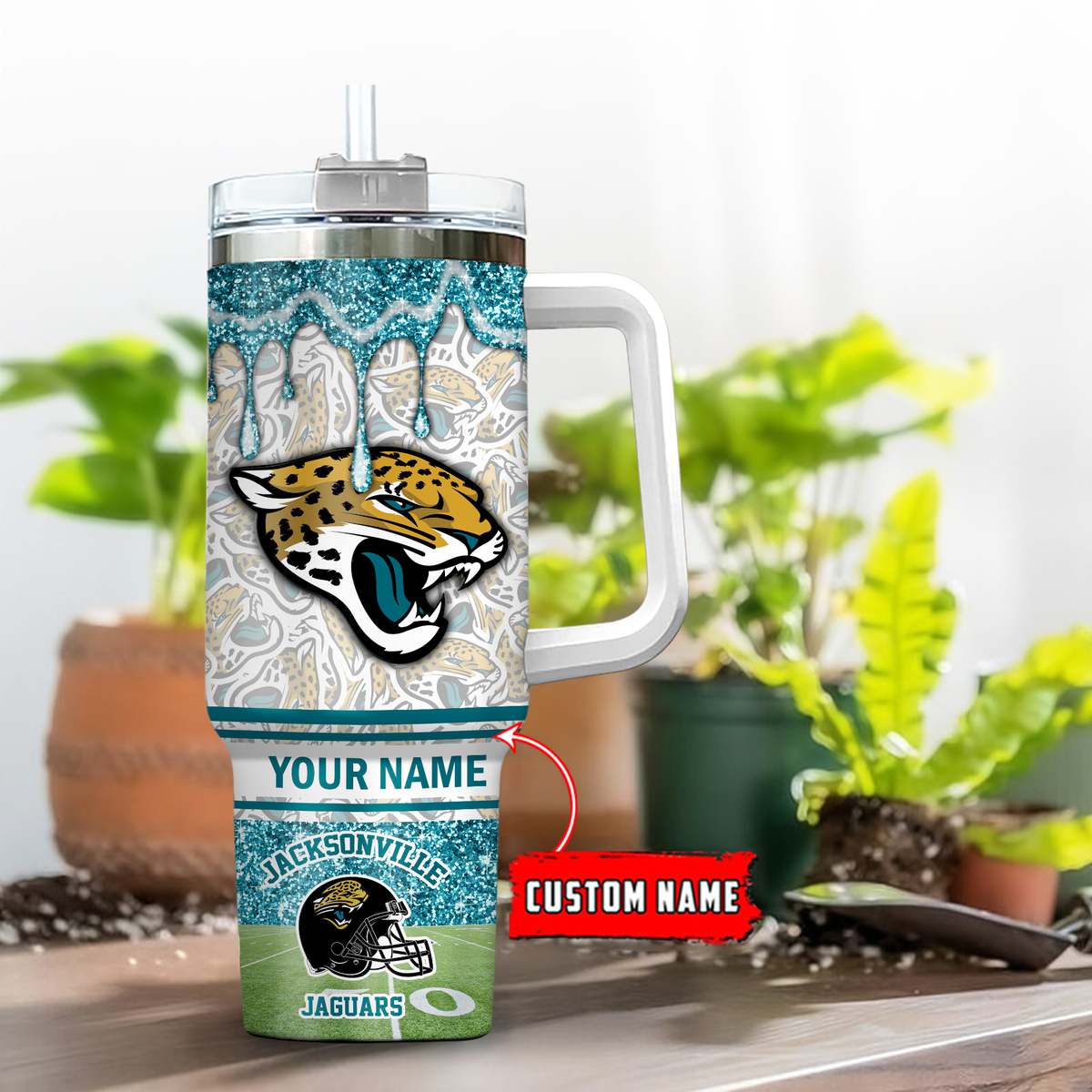 Jacksonville Jaguars NFL Glitter Custom Stanley Quencher 40oz Stainless Steel Tumbler With Handle