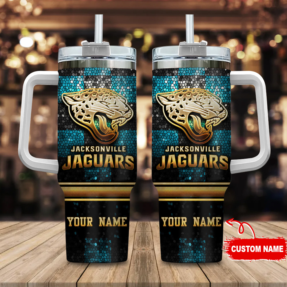 Jacksonville Jaguars NFL Glitter Golden Logo Custom Stanley Quencher 40oz Stainless Steel Tumbler With Handle