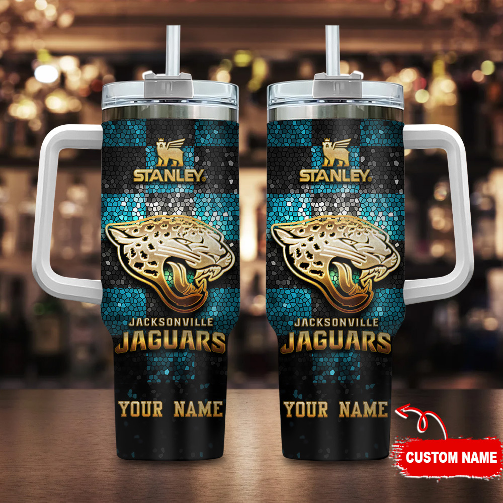 Jacksonville Jaguars NFL Glitter Golden Logo Custom Stanley Quencher 40oz Stainless Steel Tumbler With Handle