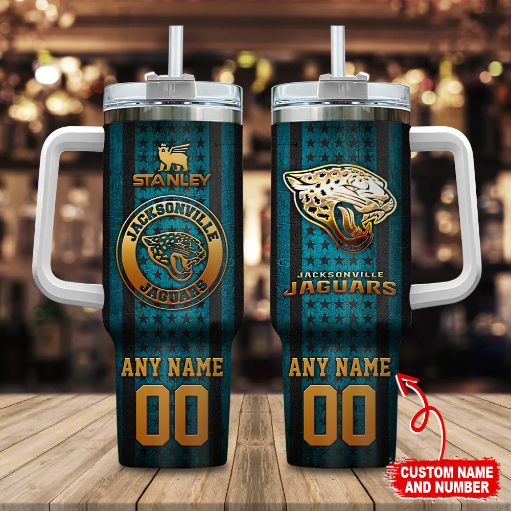 Jacksonville Jaguars NFL Golden Logos US Flag Custom Stanley Quencher 40oz Stainless Steel Tumbler With Handle