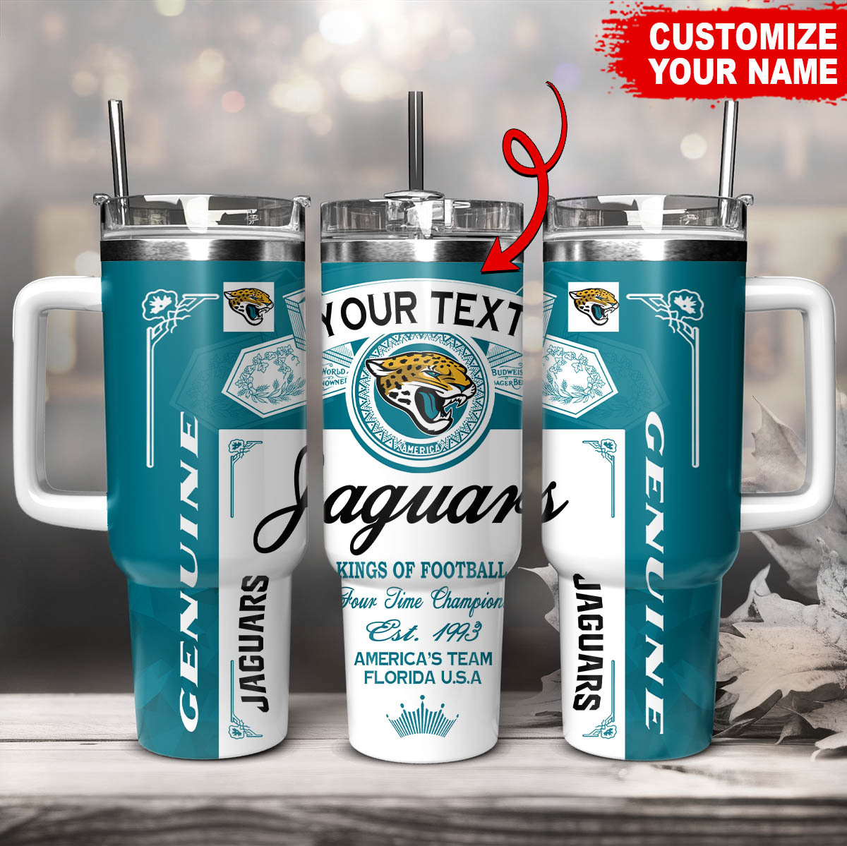 Jacksonville Jaguars NFL Kings Of Football Custom Stanley Quencher 40oz Stainless Steel Tumbler With Handle