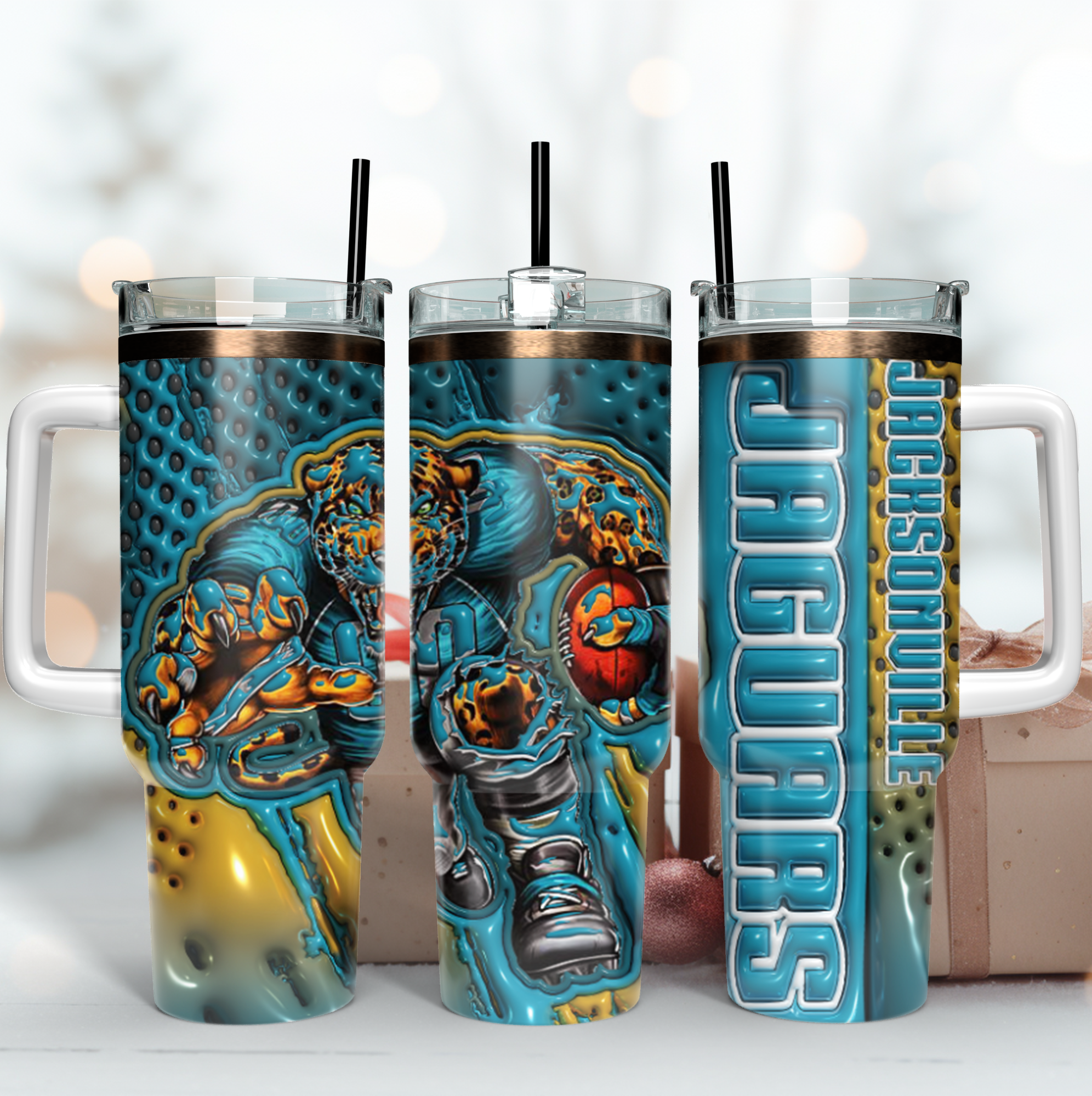 Jacksonville Jaguars NFL Mascot Custom Stanley Quencher 40oz Stainless Steel Tumbler With Handle