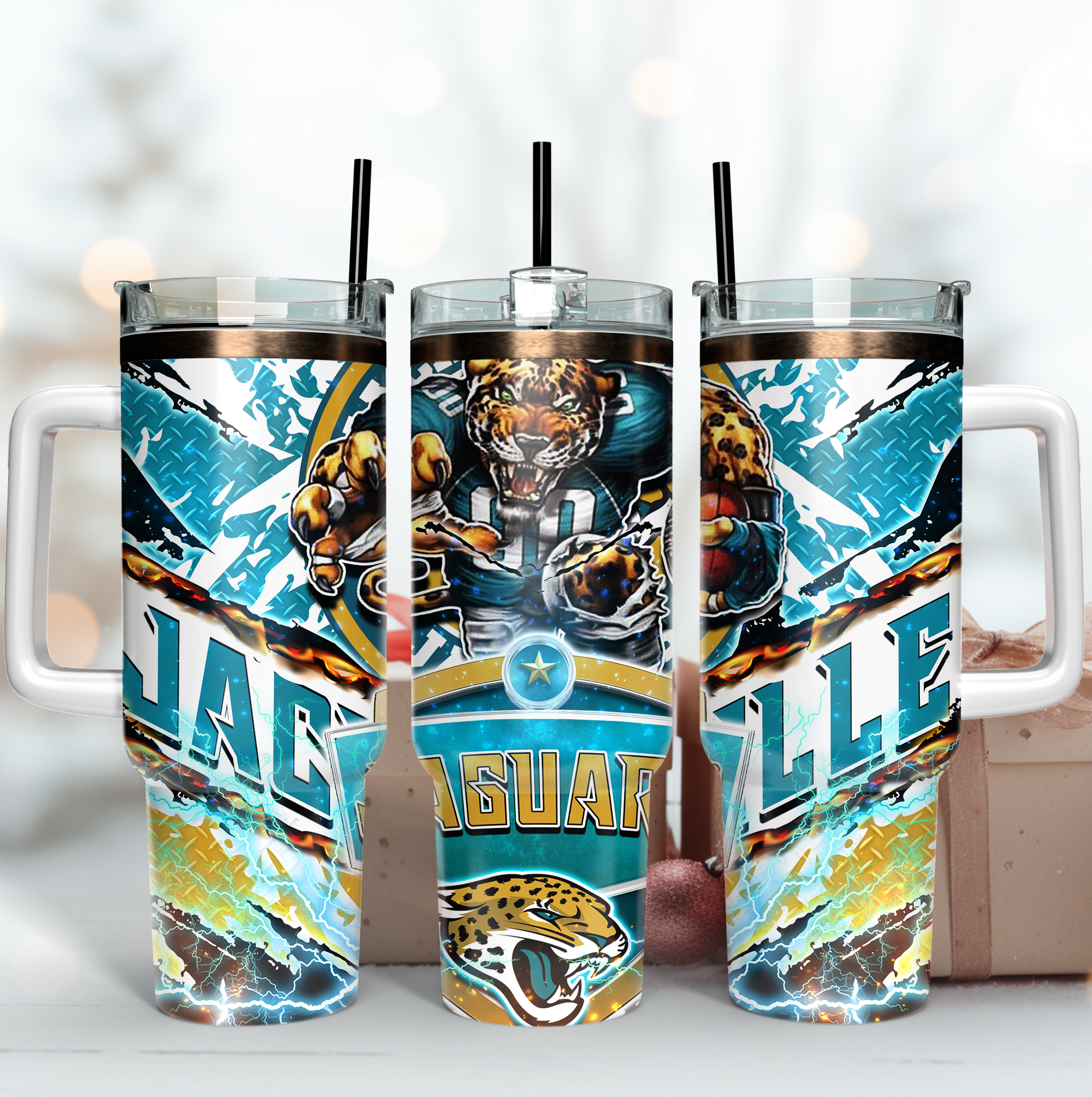 Jacksonville Jaguars NFL Mascot Custom Stanley Quencher 40oz Stainless Steel Tumbler With Handle