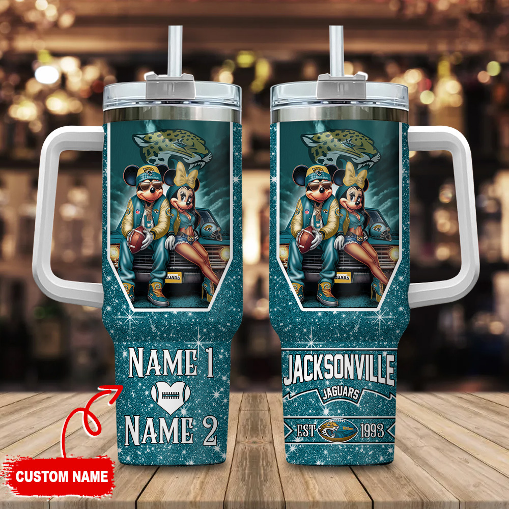 Jacksonville Jaguars NFL Mickey And Minnie Couple Custom Stanley Quencher 40oz Stainless Steel Tumbler With Handle