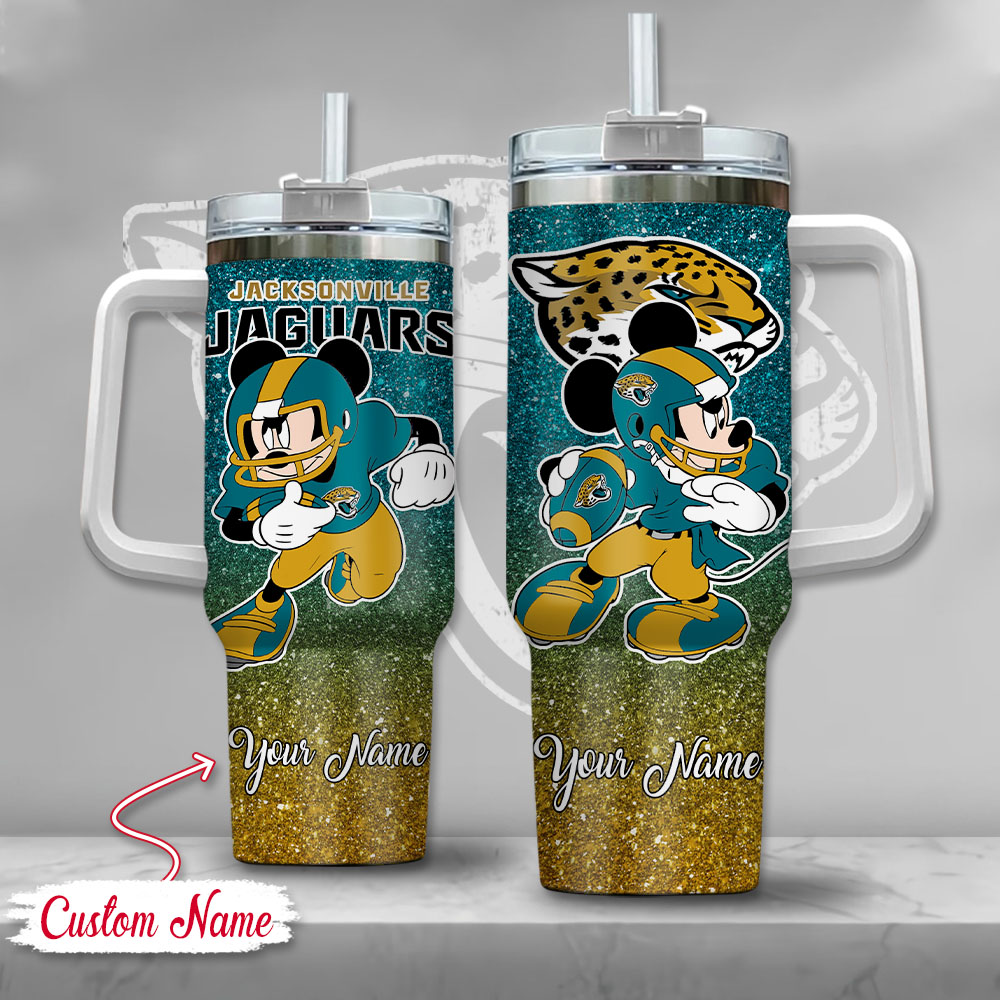 Jacksonville Jaguars NFL Mickey Mouse Glitter Custom Stanley Quencher 40oz Stainless Steel Tumbler With Handle