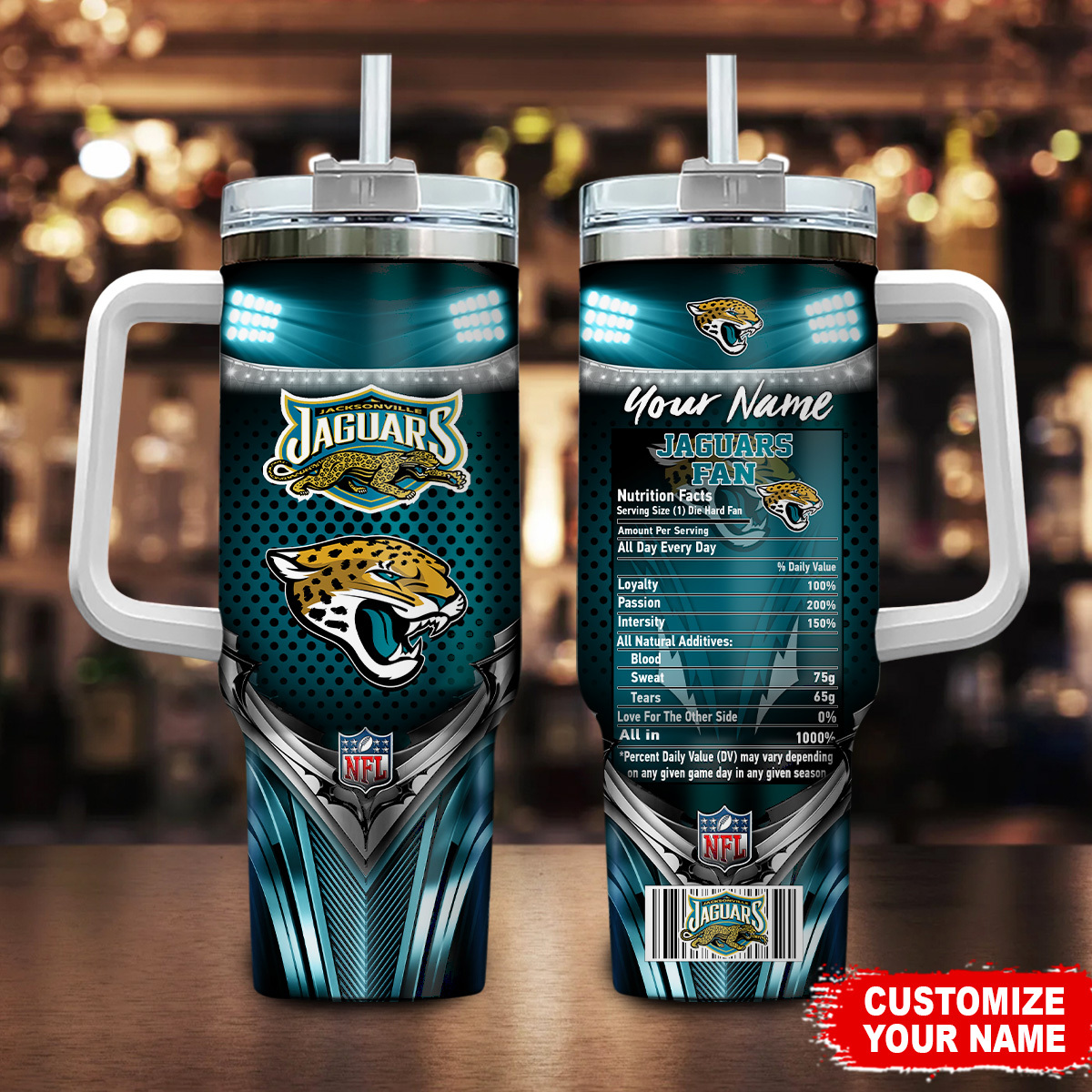 Jacksonville Jaguars NFL Nutrition Facts Custom Stanley Quencher 40oz Stainless Steel Tumbler With Handle