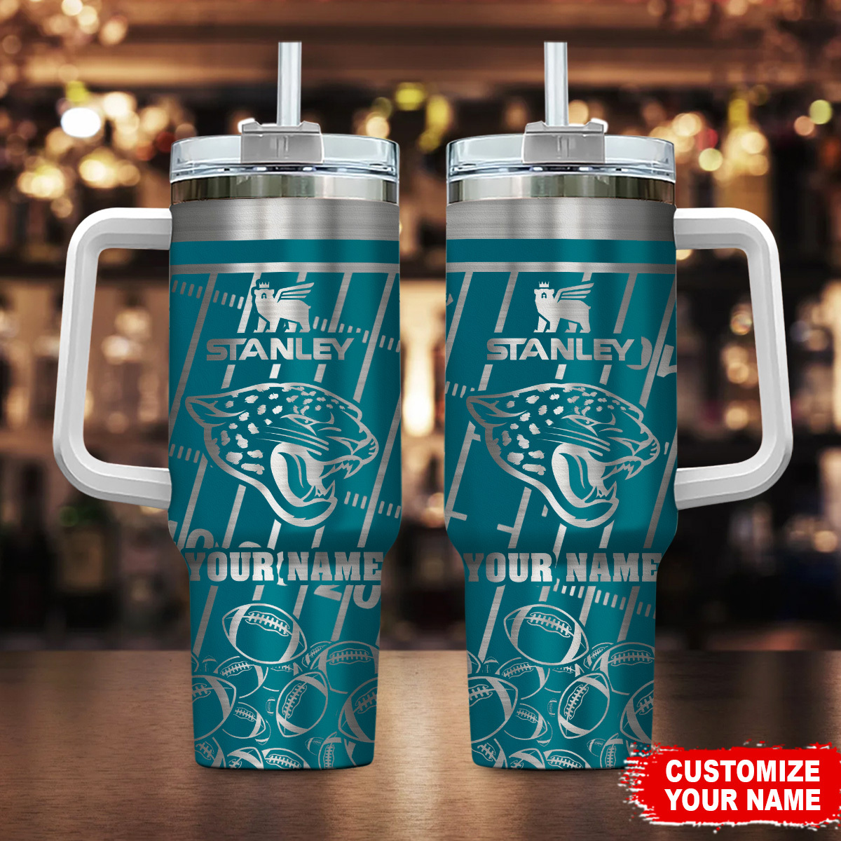 Jacksonville Jaguars NFL Silver Custom Stanley Quencher 40oz Stainless Steel Tumbler With Handle