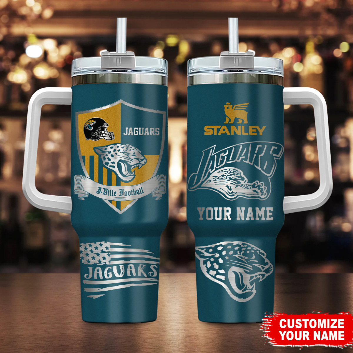 Jacksonville Jaguars NFL Silver Logo Custom Stanley Quencher 40oz Stainless Steel Tumbler With Handle