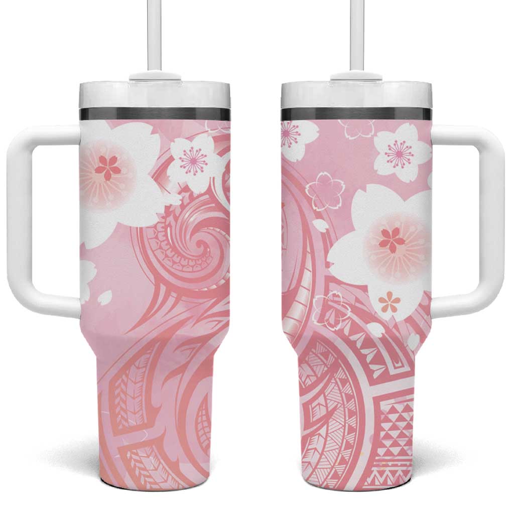 Japan Sakura Floral with Polynesian Custom Stanley Quencher 40oz Stainless Steel Tumbler With Handle
