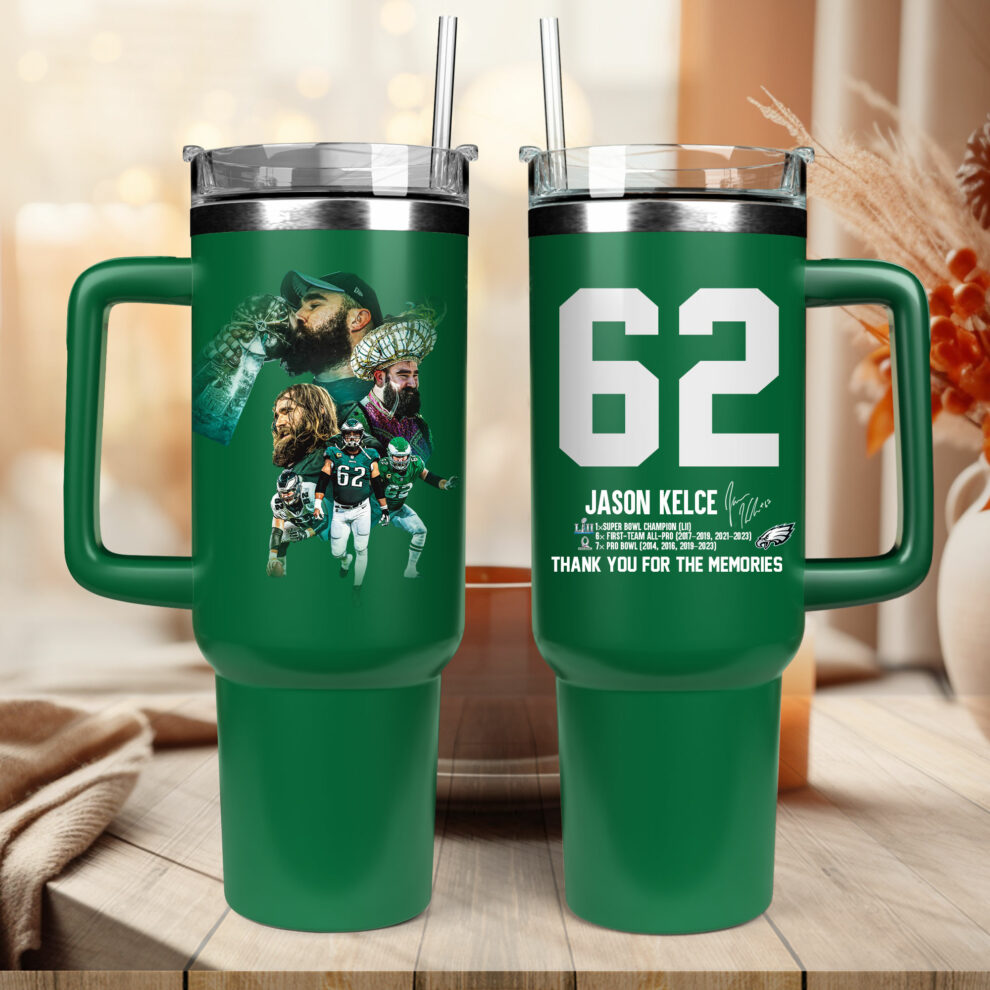 Jason Kelce 62 Tribute NFL Custom Stanley Quencher 40oz Stainless Steel Tumbler With Handle