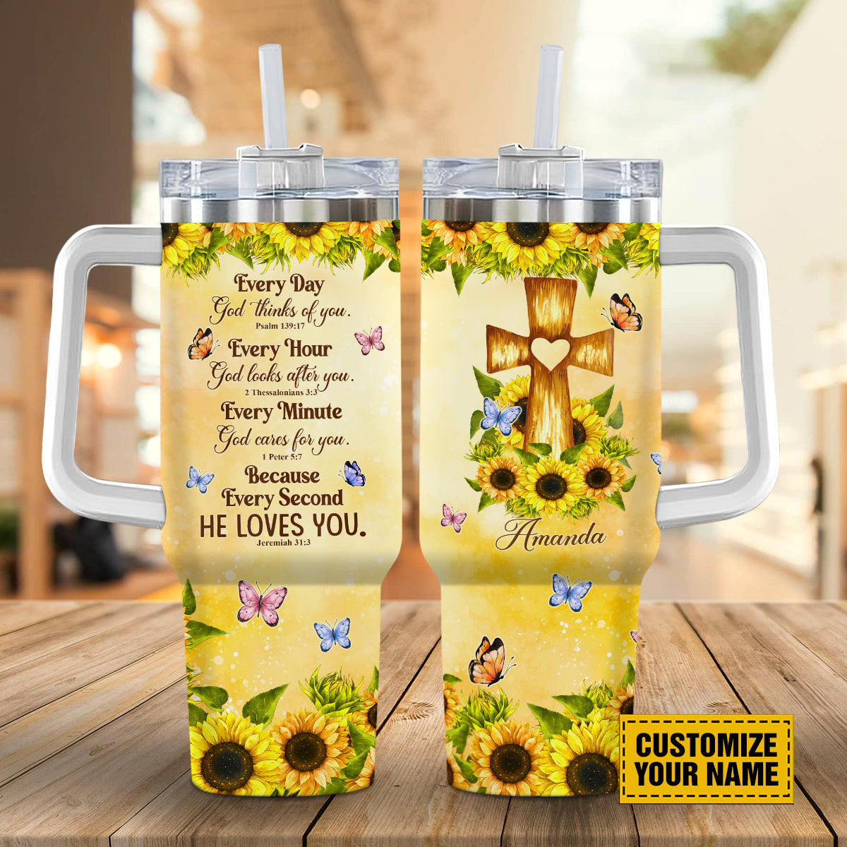 Jesus Cross Sunflower Custom Stanley Quencher 40oz Stainless Steel Tumbler With Handle