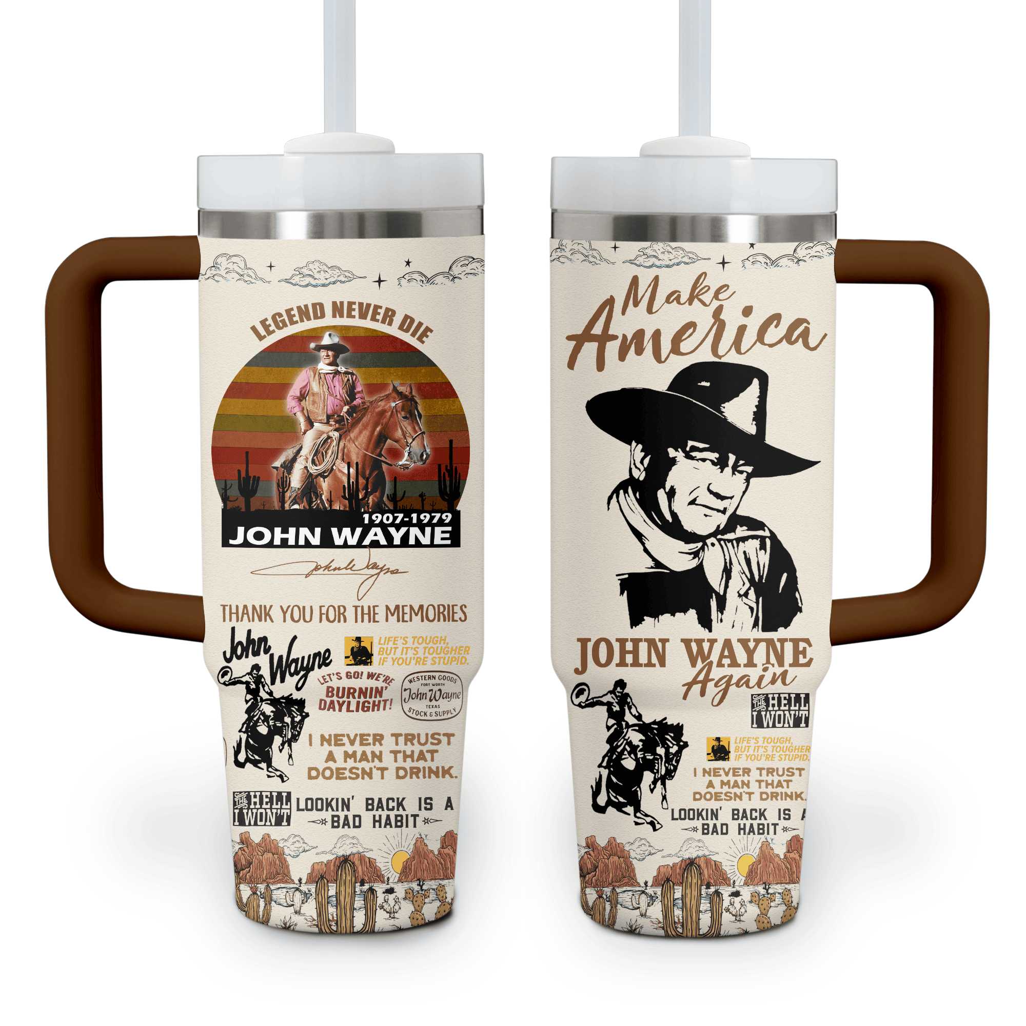 John Wayne Actor Custom Stanley Quencher 40oz Stainless Steel Tumbler With Handle