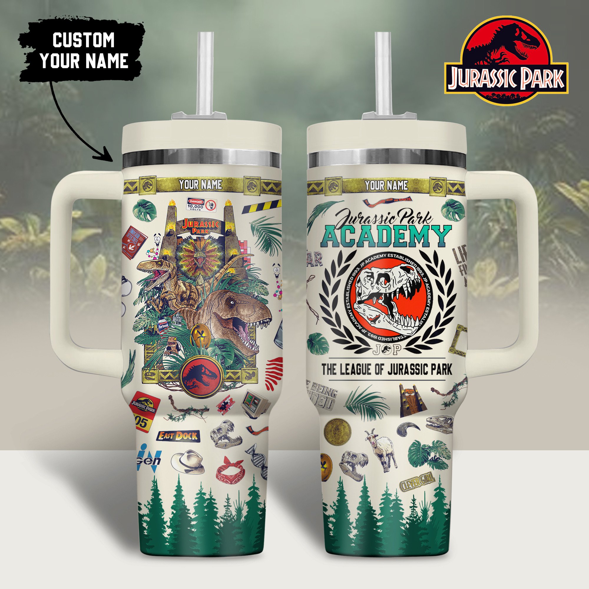 Jurassic Park Movies Custom Stanley Quencher 40oz Stainless Steel Tumbler With Handle
