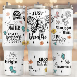 Just Breathe Butterfly Custom Stanley Quencher 40oz Stainless Steel Tumbler With Handle