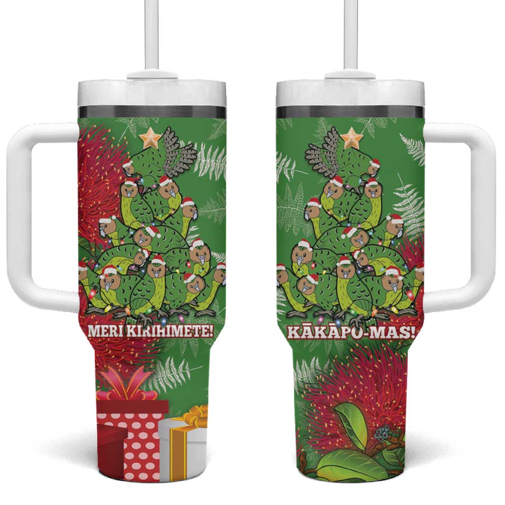 Kakapo New Zealand Christmas Meri Kirihimete Pohutukawa Green Color Custom Stanley Quencher 40oz Stainless Steel Tumbler With Handle