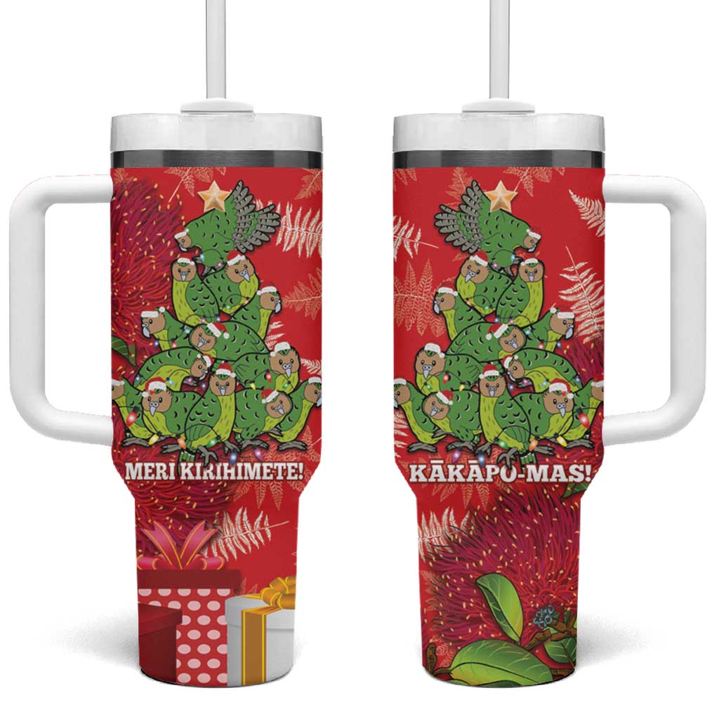 Kakapo New Zealand Christmas Meri Kirihimete Pohutukawa Red Color Custom Stanley Quencher 40oz Stainless Steel Tumbler With Handle