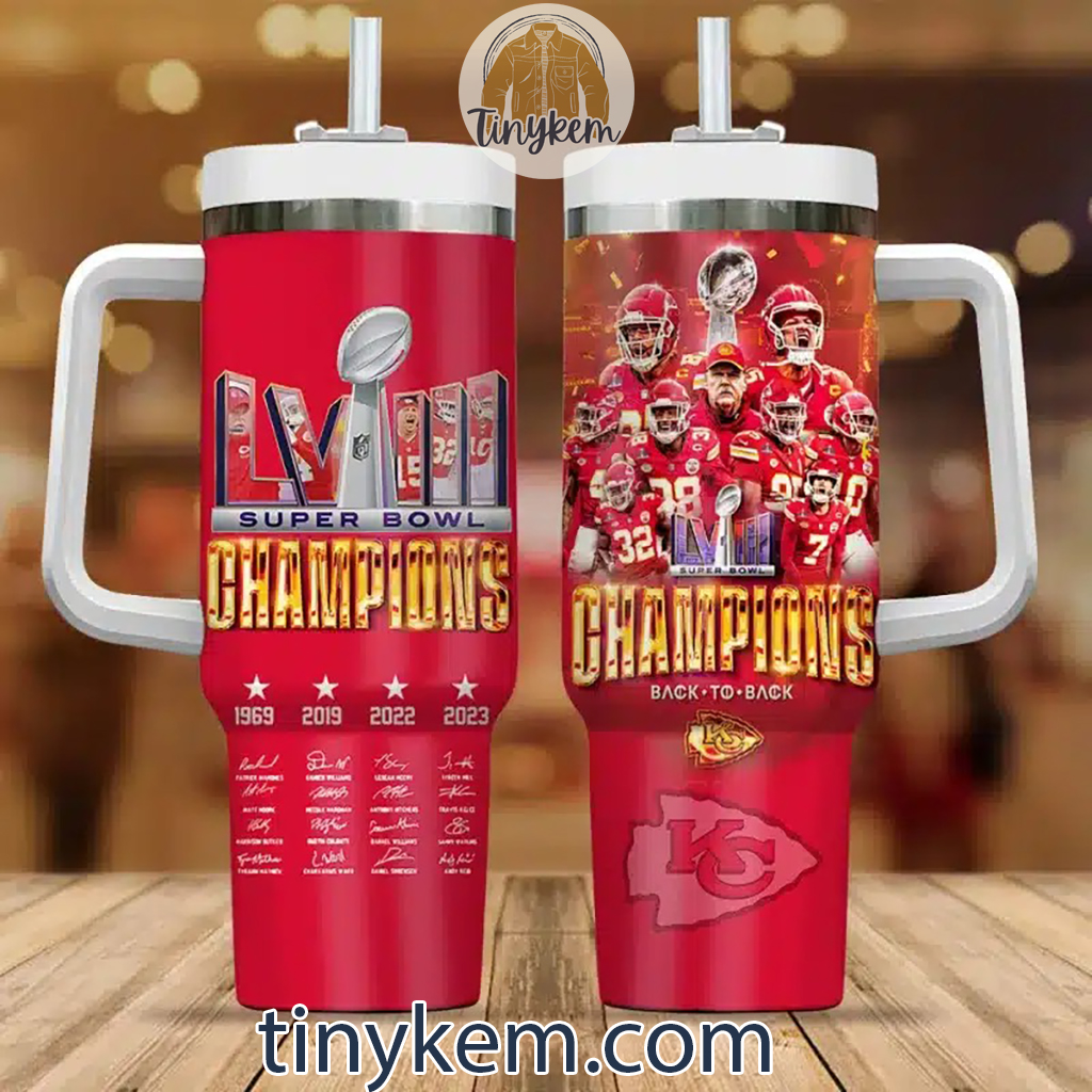 Kansas City Chiefs Back to Back Champions NFL Custom Stanley Quencher 40oz Stainless Steel Tumbler With Handle