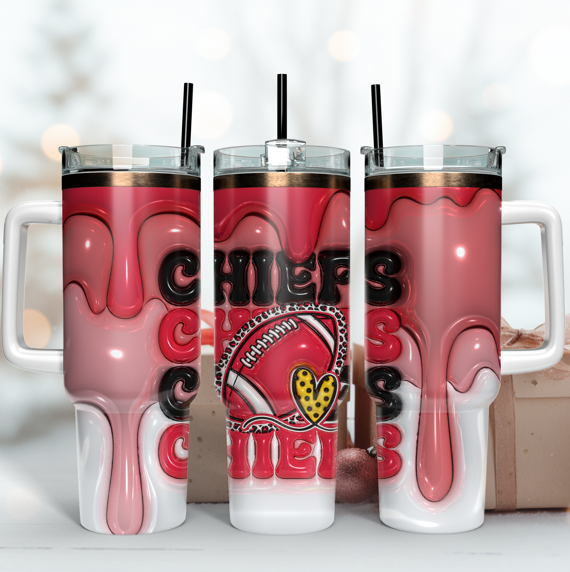 Kansas City Chiefs NFL 3D Inflated Puff Effect Custom Stanley Quencher 40oz Stainless Steel Tumbler With Handle