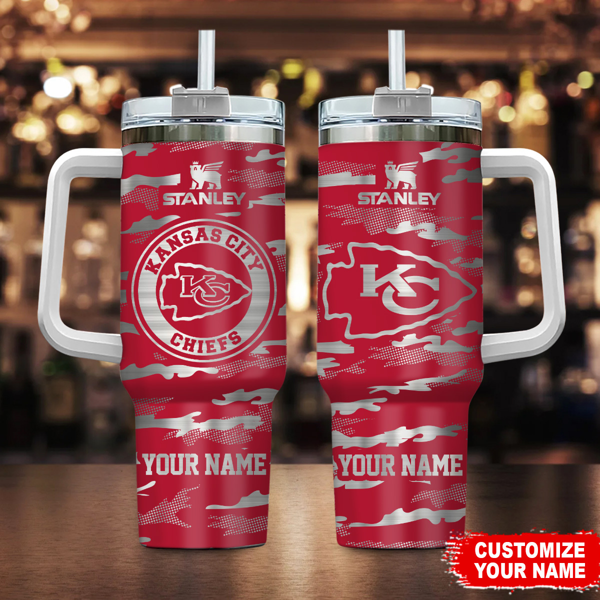 Kansas City Chiefs NFL Camo Pattern Custom Stanley Quencher 40oz Stainless Steel Tumbler With Handle