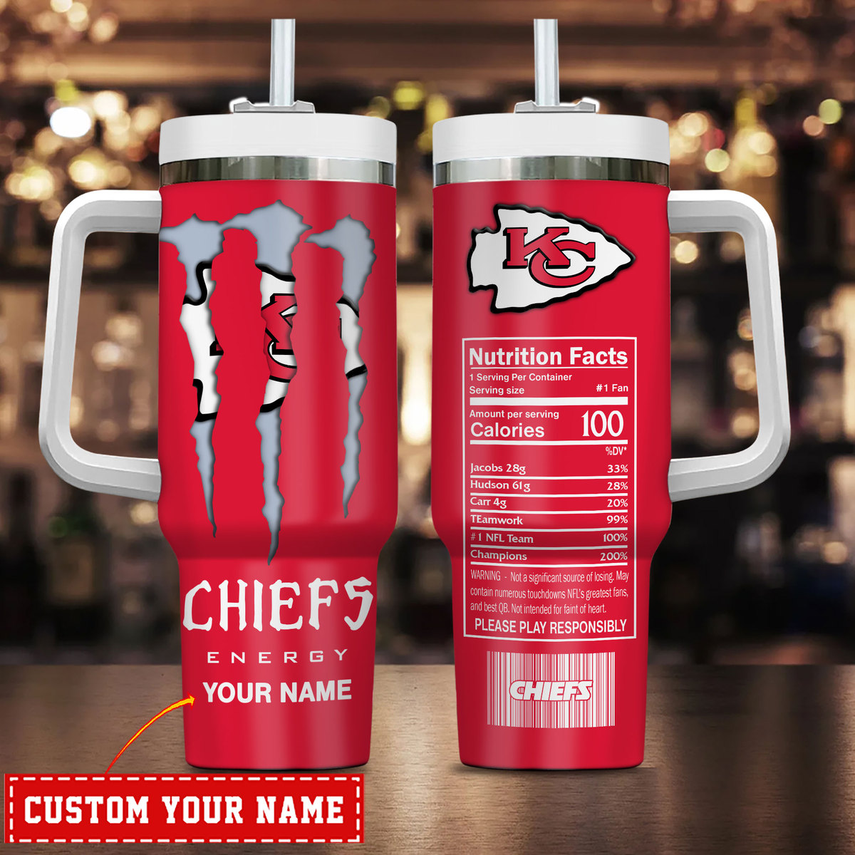 Kansas City Chiefs NFL Energy Nutrition Facts Custom Stanley Quencher 40oz Stainless Steel Tumbler With Handle