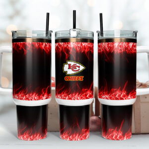 Kansas City Chiefs NFL Fire Effect Custom Stanley Quencher 40oz Stainless Steel Tumbler With Handle