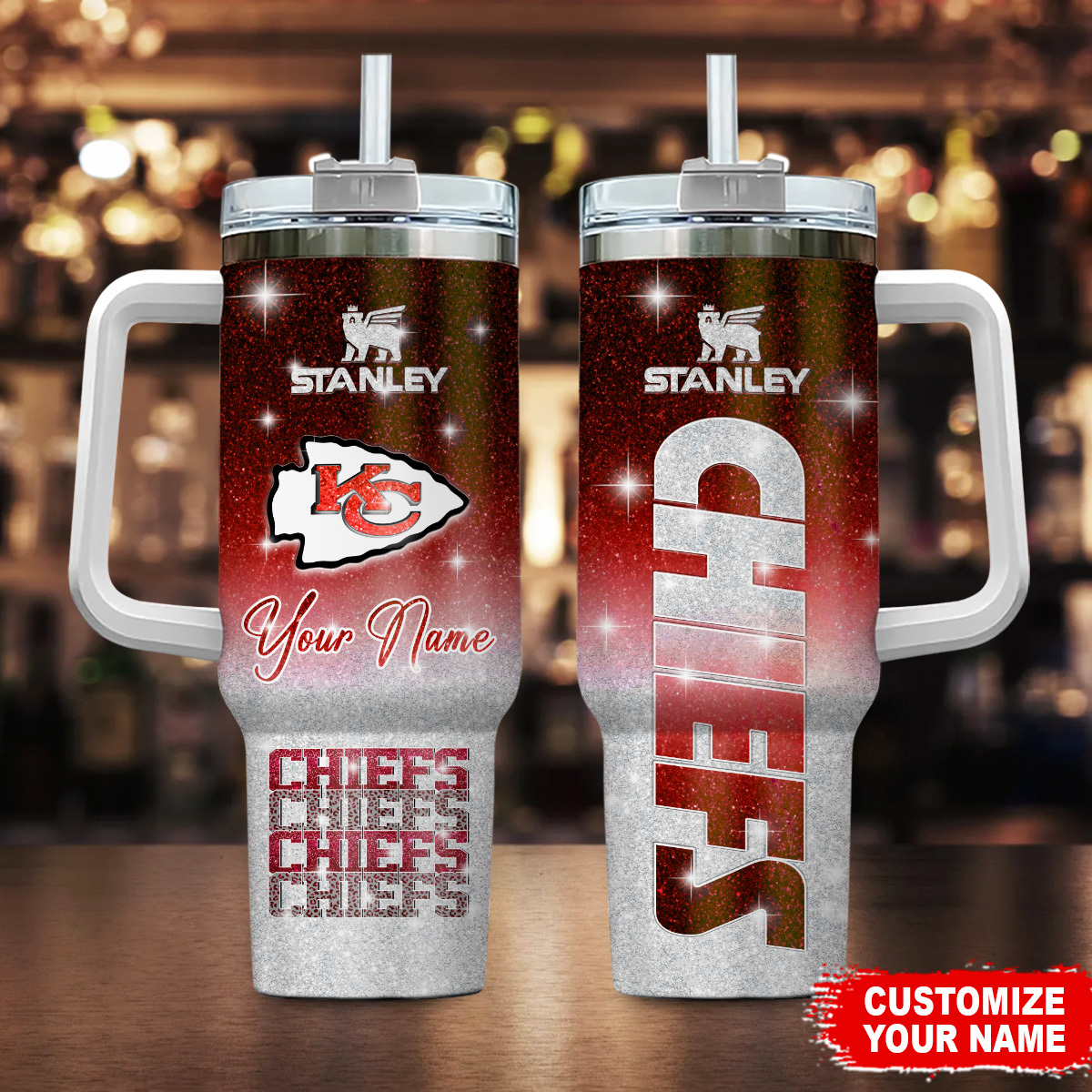 Kansas City Chiefs NFL Glitter Custom Stanley Quencher 40oz Stainless Steel Tumbler With Handle