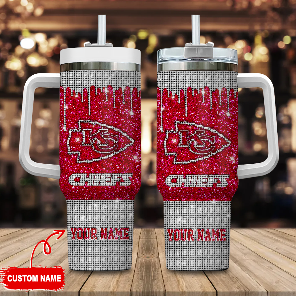 Kansas City Chiefs NFL Glitter Custom Stanley Quencher 40oz Stainless Steel Tumbler With Handle