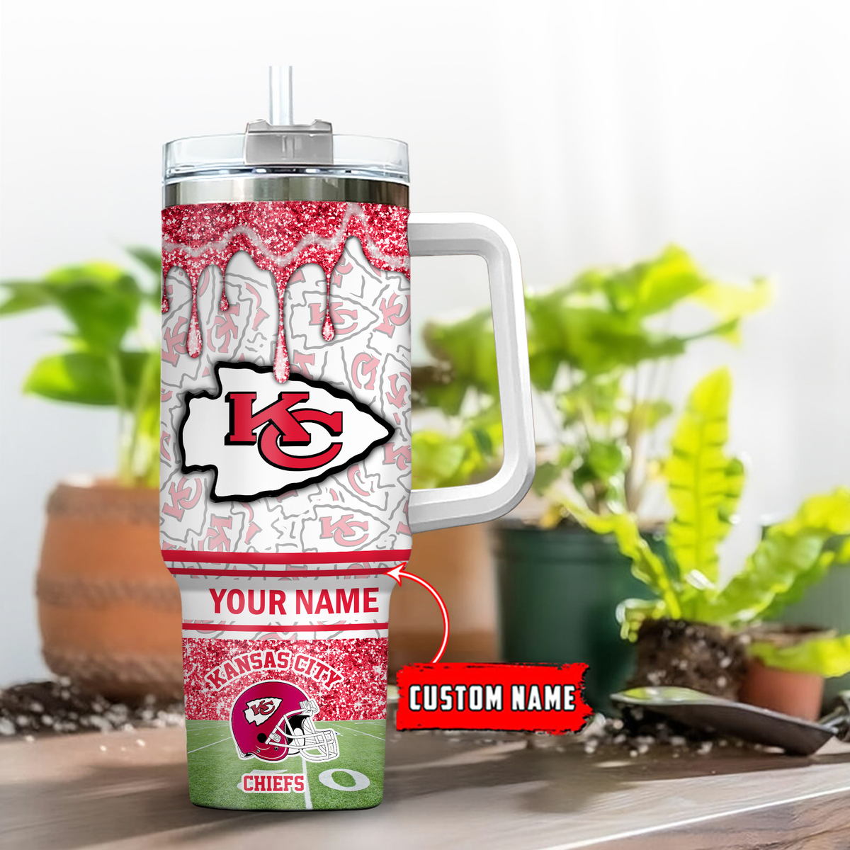 Kansas City Chiefs NFL Glitter Custom Stanley Quencher 40oz Stainless Steel Tumbler With Handle