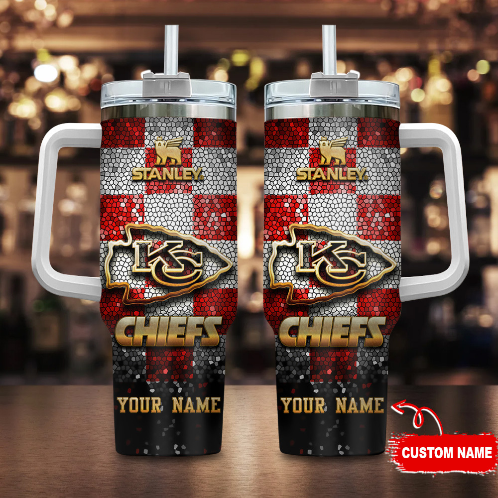 Kansas City Chiefs NFL Glitter Golden Logo Custom Stanley Quencher 40oz Stainless Steel Tumbler With Handle
