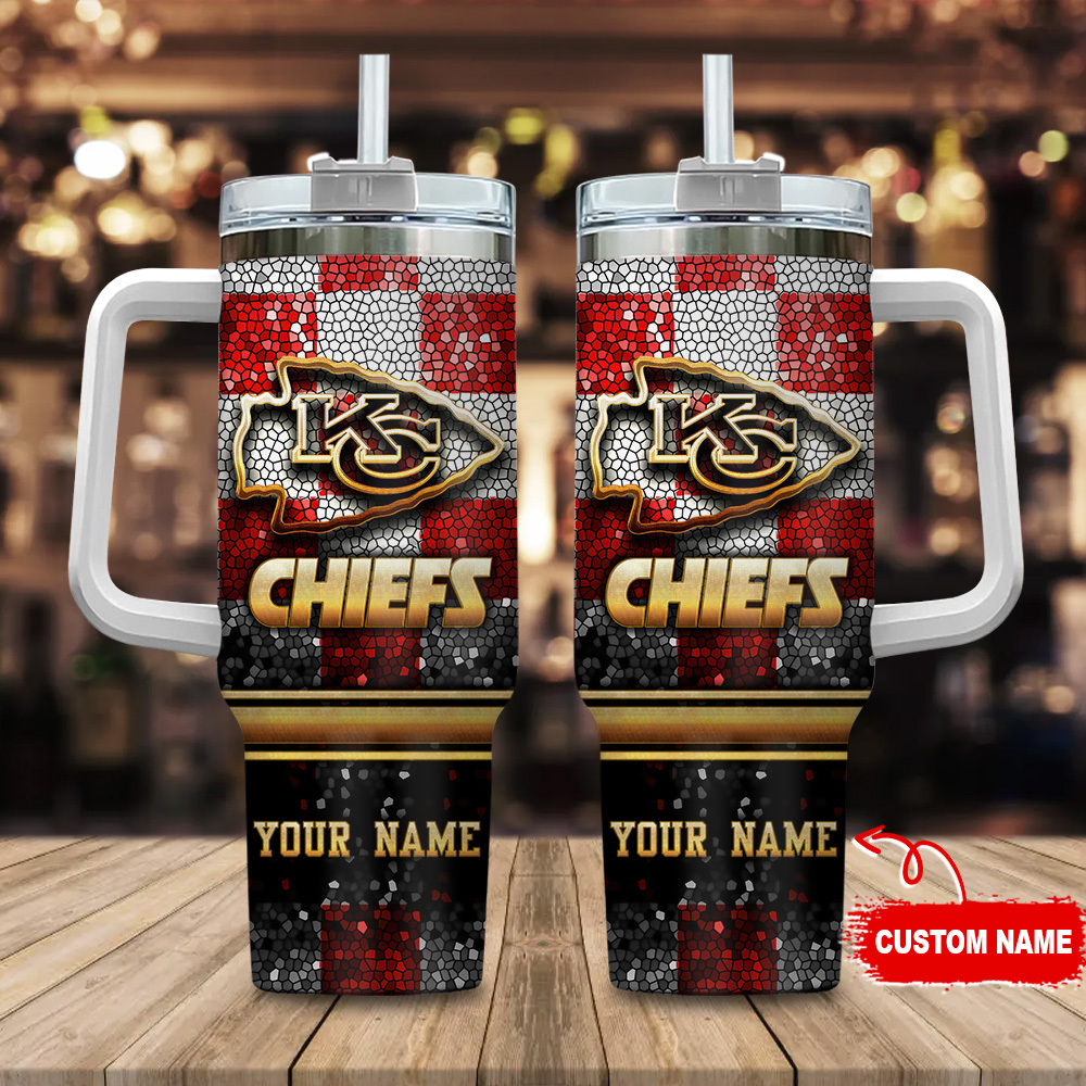 Kansas City Chiefs NFL Glitter Golden Logo Custom Stanley Quencher 40oz Stainless Steel Tumbler With Handle