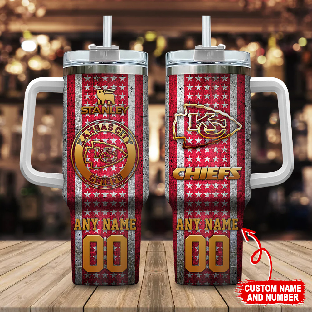 Kansas City Chiefs NFL Golden Logos US Flag Custom Stanley Quencher 40oz Stainless Steel Tumbler With Handle
