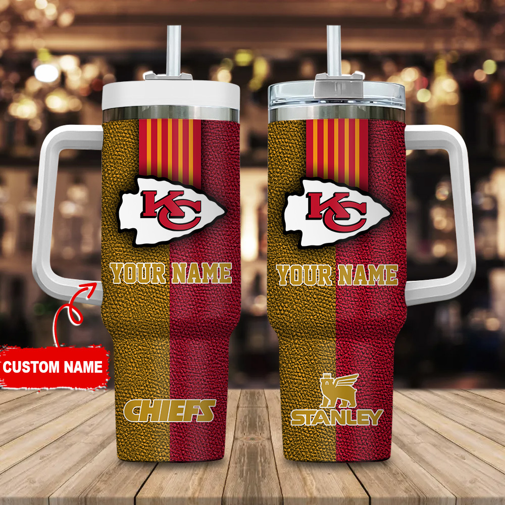 Kansas City Chiefs NFL Leather Effect Custom Stanley Quencher 40oz Stainless Steel Tumbler With Handle
