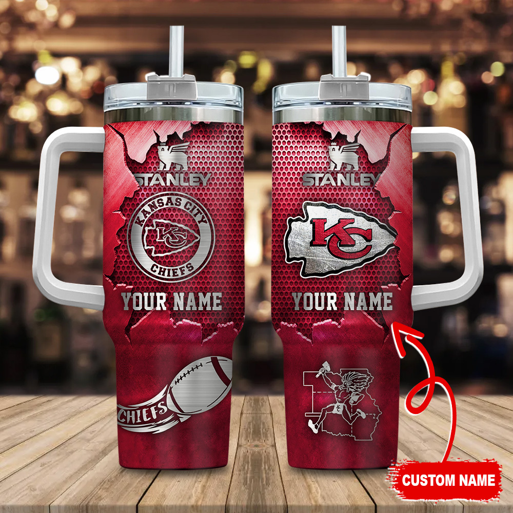 Kansas City Chiefs NFL Metal Style Custom Stanley Quencher 40oz Stainless Steel Tumbler With Handle