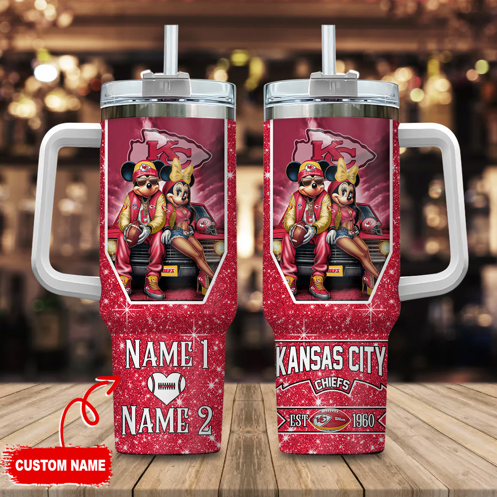 Kansas City Chiefs NFL Mickey And Minnie Couple Custom Stanley Quencher 40oz Stainless Steel Tumbler With Handle